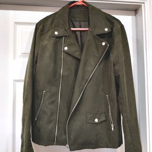 Olive Green Grey Faux Suede Moto Biker Asymmetrical Zip Jacket